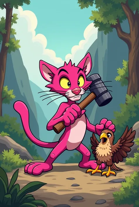 A pink panther hammering an injured hawk
