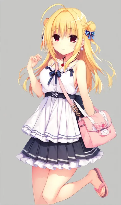 1girl,hiyori-default,hiyori-default,red eyes,blonde hair, double bun,ahoge, long hair, Halter neck camisole, (backless camisole:1.3), light pink pleated skirt, thin-strap sandals, simple pendant, pearl earrings, and small chain shoulder bag, One person, sm...