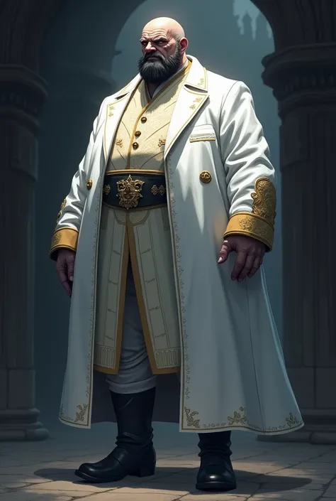 Character: Chief of Staff of the Middle Ages Human Empire, Anime style, bald middle-aged man, dark and gloomy tone in the background. But the suit was bright white, shining in contrast. Appearance Baron Krasius was a terrifyingly large man, weighing nearly...