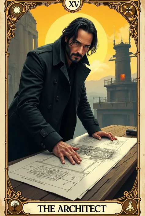 A tarot card numbered XXV and titled The Architect drawing of Keanu Reeves as an architect wearing a black trench coat with bright eyes while designing on a drawing board, the sun and a big forge in the background