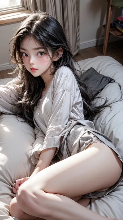 1st grade elementary school,1 person,princess baby face, Pretty and cute,pretty, panty shoes, House living room,bed, Full shot of lying down with legs spread, ,Full photo