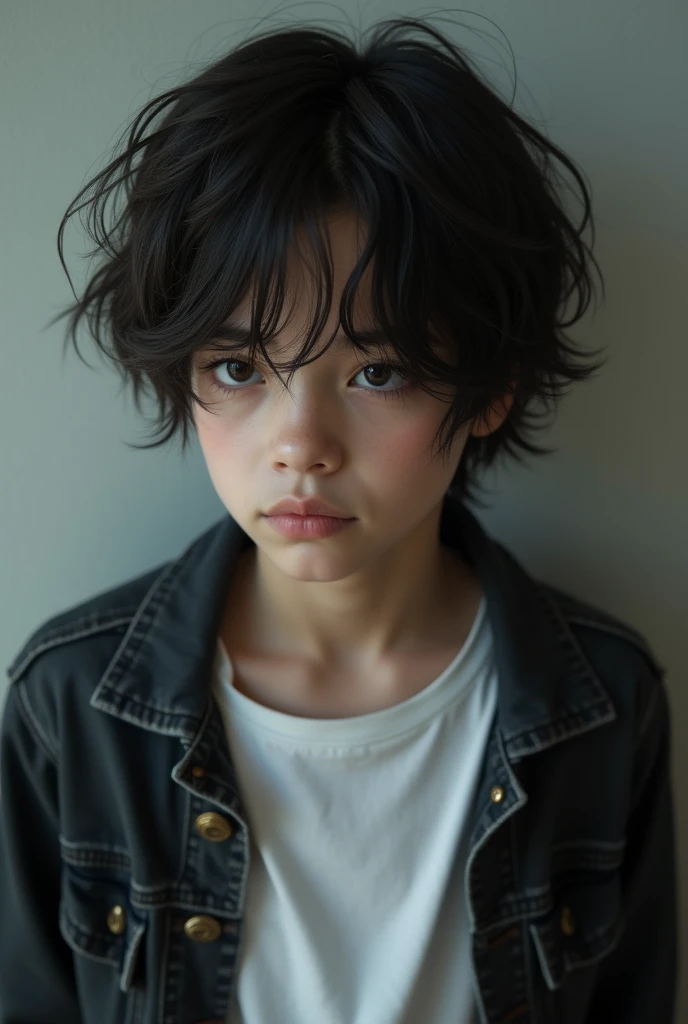 Teenage boy with long black hair in white t-shirt with black denim jacket 