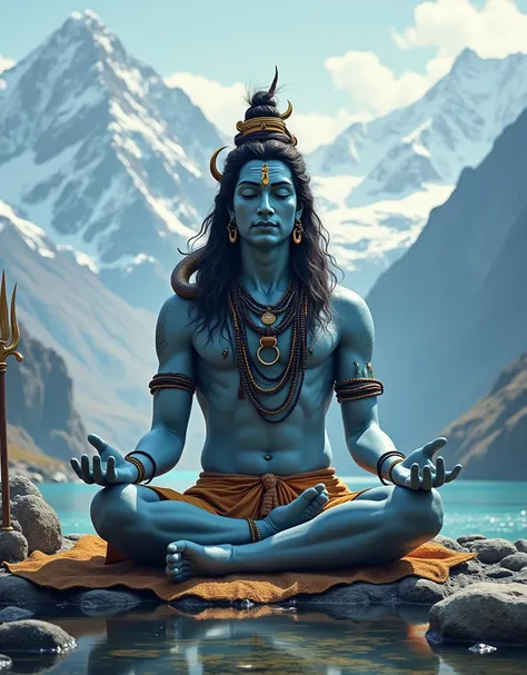 "In the heart of the Himalayas, amidst the serene and majestic mountains, sits Lord Shiva in deep meditation. His matted hair holds the crescent moon and the sacred river Ganga flows from it. His third eye is closed, symbolizing his inner peace and omnisci...