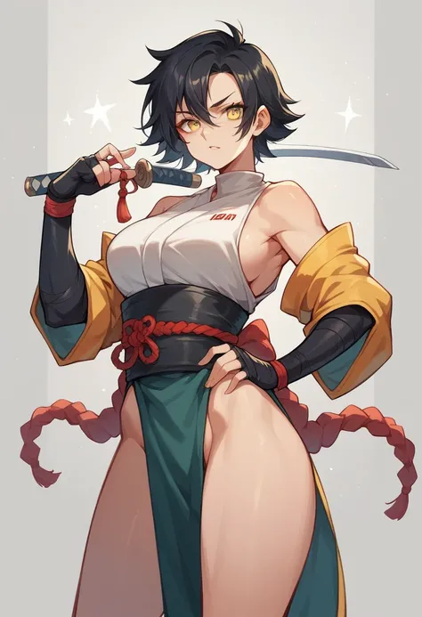 A 1 woman with black hair and yellow eyes, wearing a modern ninja outfit.