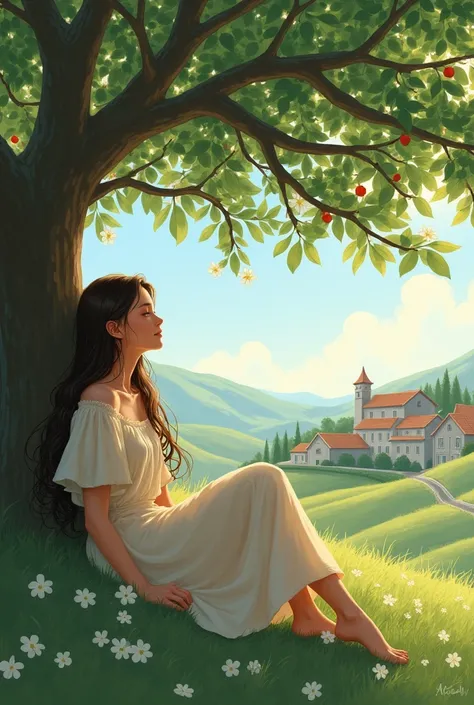 A beautiful girl with long hair is under an apple tree. Au long il y a un petit village. 