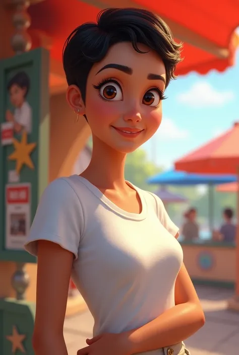 Young latina woman she has long oval face, her forehead Is small And narrow, has curved thin eyebrows, low hairline, long Wide nose small mouth, thin lips downturned eyes, her short spongy dark chocolate hair in an outgrown buzz cut, wearing a white tshirt...