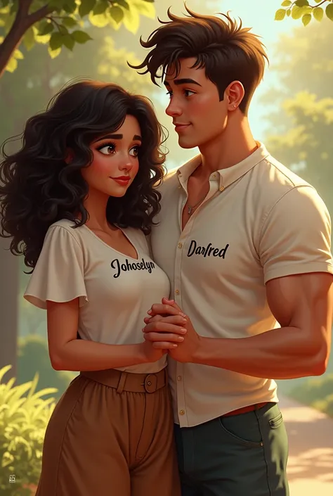 A girl and a boy holding hands, Looking straight ahead, the black horse girl with curlers, with the name Jhoselyn on her blouse, the boy with a strong physique, very short hair, with the name Darfred on his shirt, both coffee-colored skin with milk. The at...