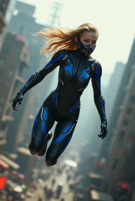 20 years old blonde teen girl with wearing black and blue battlesuit and mask, flying on patrol over a city that has been destroyed after the battle