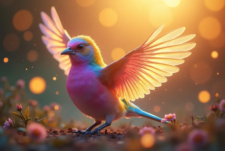 A beautiful rainbow-colored bird illuminated by soft light, Golden light of a quiet morning, The vibrant bokeh balls gently frame the delicate shape.