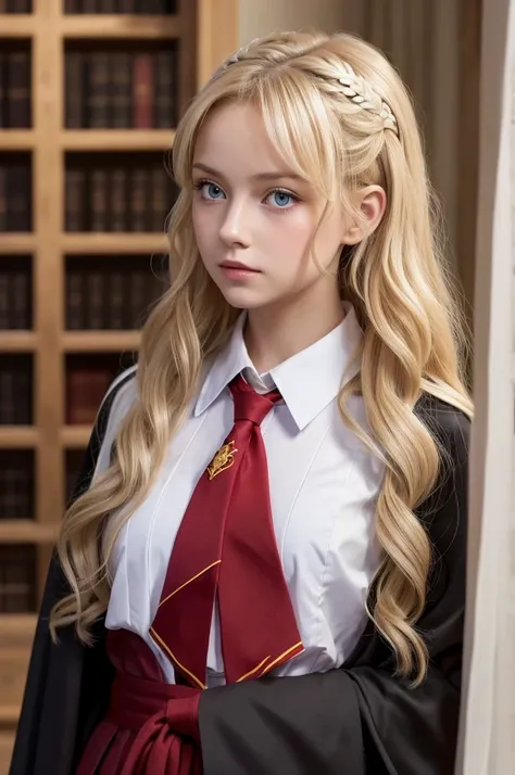 blonde hair, loose wavy hair, half-up hair, Big black ribbons in her hair,  light blue eyes, beautiful girl,  Half Canadian, Half British, A young woman wearing Hogwarts uniform white shirts and red Gryffindor tie and black robe