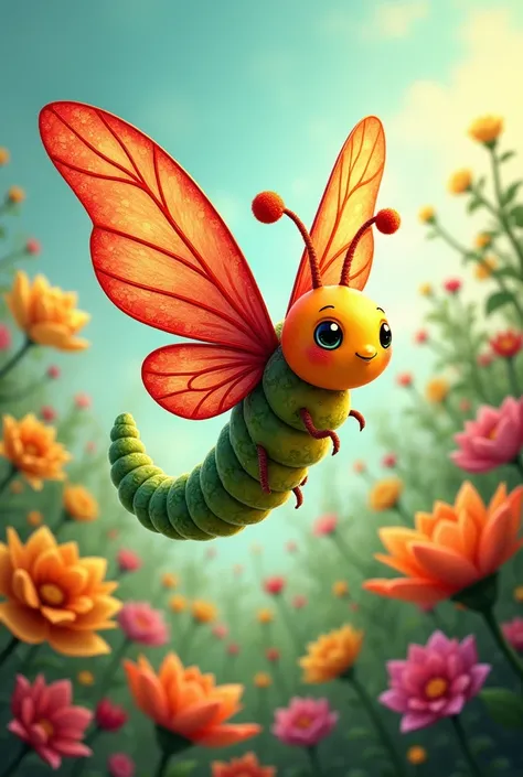 Beautiful red green yellow colored Caterpillar with big beautiful wings flying in the flowers cute and cartoon style
