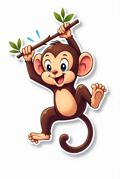 A monkey sticker, hanging with his one hand from branch, "catch me" written below, white background 