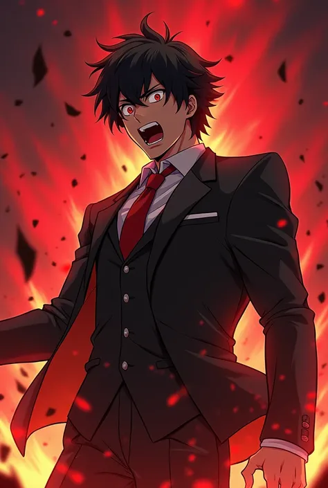 create a male anime character that never existed, make him scream and have a background like it&#39;s a war, but leaves the background red, and make the image in the format to put on the YouTube profile, make him in a suit with red eyes and black hair, but...