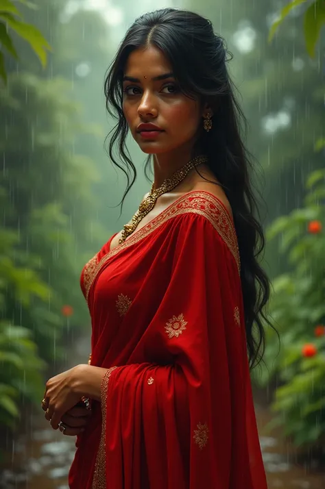 Indian girl in red saree with big breasts in rain