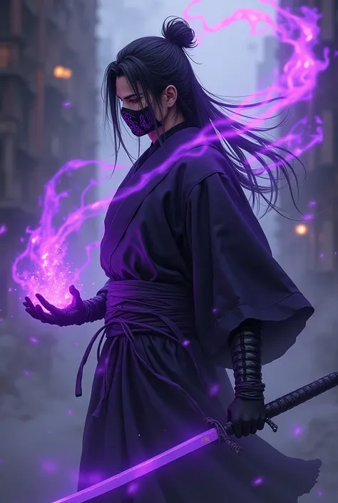 A man with long black hair tied up, with the left arm torn off, with purple aura of mystical energy, with a bandit mask on his face and a black kimono with purple details. Realistic anime style