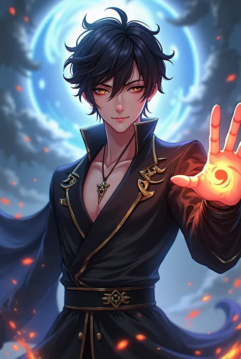 create the yin sin shin character of Mobile Legends anime boy version with the retribution icon in one hand
