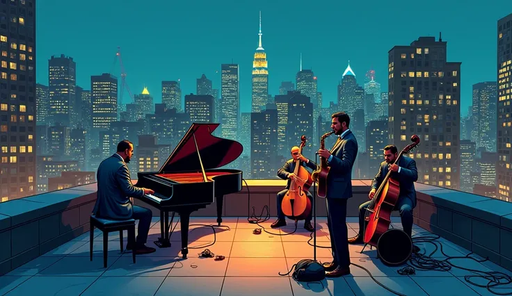 It has a stone border large enough to sit on.、Just some guys playing jazz on the edge of an empty roof（piano、guitar, etc,), New York night buildings、In comic style front view