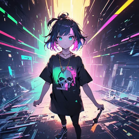 A girl with multicolored hair, wearing a necklace, headphones, and a t-shirt with a skull print, standing against a blurred white background. The image features a liquid fatty acid drawing, a heart rate visualization with a neon red line, a double exposure...