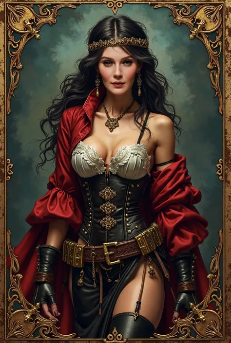 Design a deck of playing cards featuring a cool barbary pirate theme, with each card showcasing a powerful and stern pirate woman in a variety of provocative poses and outfits.  She should have small breasts. The women should embody the essence of control,...