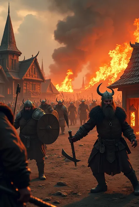 Clip of a Viking raid, fire, and chaos