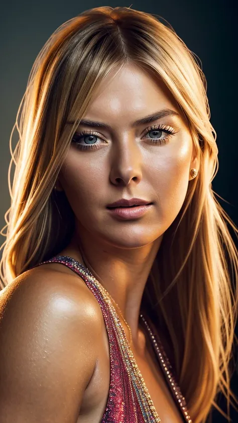 a beautiful maria sharapova, exquisite detailed facial features, high cheekbones, full lips, long lashes, glamorous hairstyle, flawless skin, elegant pose, dramatic lighting, cinematic camera angle, high fashion editorial, editorial style, vibrant colors, ...