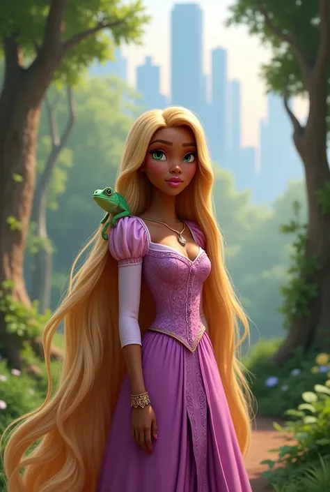 Make a black woman wear a Rapunzel princess dress, very long hair like princess Rapunzel, blonde hair color, light green eyes, pink lips, and there is a small chameleon on his shoulder , facing the camera, forest background with tall buildings in the backg...