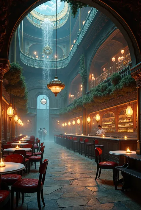 Medium-sized restaurant hall with mystical decor,with bar and bathroom
