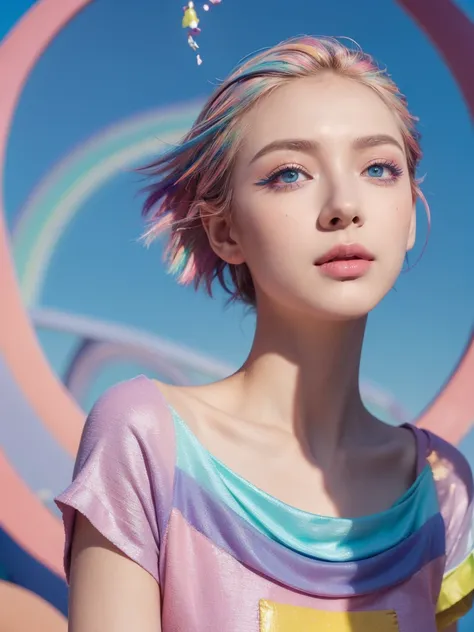 ((Top Quality)), ((Masterpiece)), ((Details)), ((Colorful)), ((upper body)), She looks delighted, ((the age of 25: 1.0)), pink short hair, blue eyes, ((Colorful clothes: 1.5)), ((a quite beautiful face: 1.4)), (Eyeshadow: 1.4), (Small breasts: 1.0), ((from...