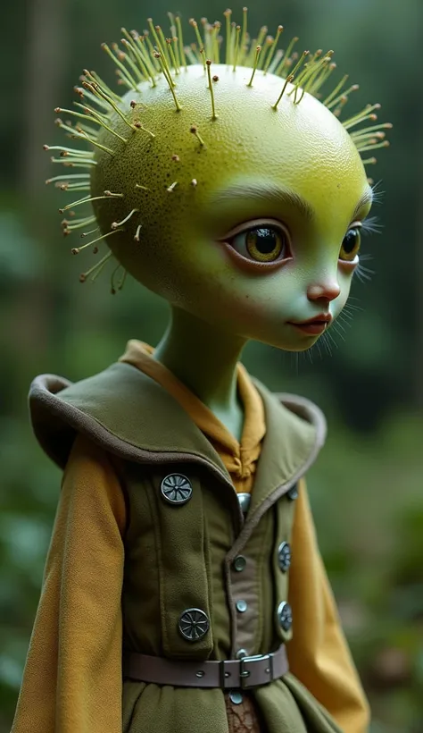 a supernatural humanoid creature with a kiwifruit-shaped head, a human-like face, in the style of Alice in Wonderland, extremely detailed clothing, full body shot, 4k 8k, realistic, masterpiece