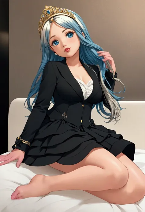 (artwork), (amazing work), (indirect linear lighting), (Chibi-cute studios), (beautiful anime gif), (cute cute kawaii), (Extremely detailed 8k CG unit wallpaper), (1 girl) wearing a nice dress, long blue hair with cute ruffled tiara, using kid gloves, Whit...