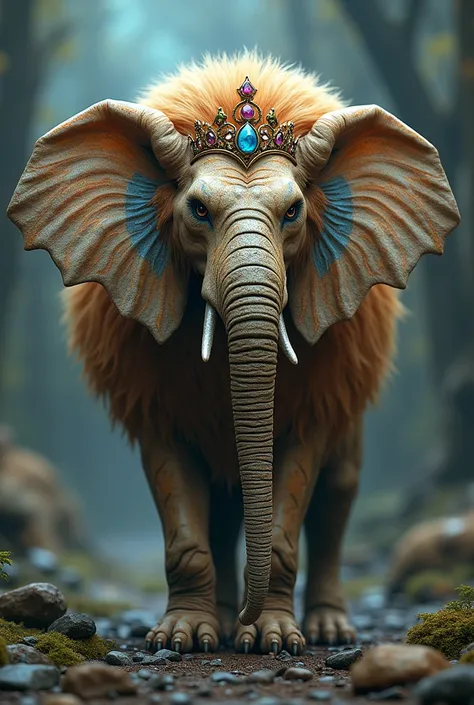 Imagine 
Mythical creature with hairs like lion, head like elephant ,scales like tiger and wings like Peacock wearing a crown and gem stone jewellery.