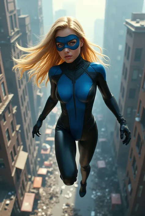 20 years old blonde teen girl with wearing blue and black spandex bodysuit and mask, flying on patrol over a city that has been destroyed after the battle and many casualties have fallen