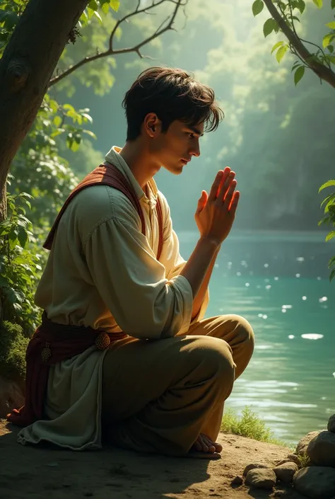 A young guy, real and not cartoonish, prays to God in nature with his head bent