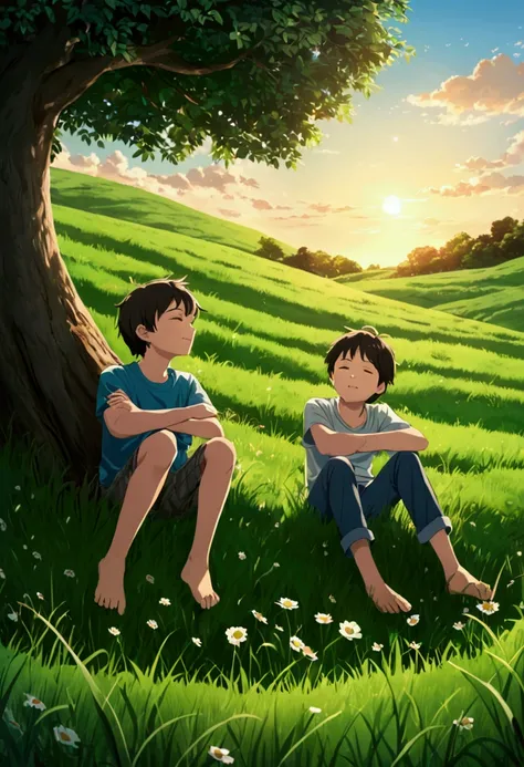 Create a video with best friend in Grassy hill playing and talking.and video quality is  hd .two boy are down the sky and slept under grassy hill under a tree.