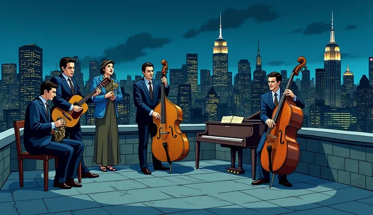 It has a stone border large enough to sit on.、Just some guys playing jazz on the edge of an empty roof（piano、guitar, etc,), New York night buildings、In comic style front view、Ghibli-style animation