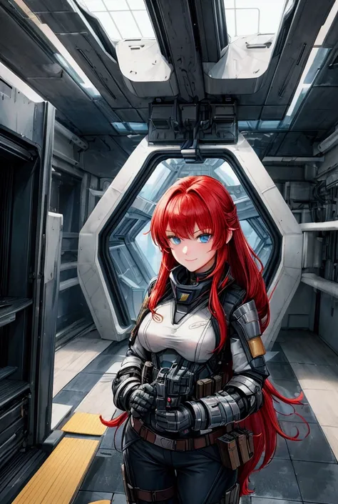 Create an image of a female mercenary with long red hair and blue eyes. She is the vice captain of the Siliwangi ship. The woman should have a tough and commanding appearance, wearing modern, high-tech combat gear complete with military equipment. In the b...