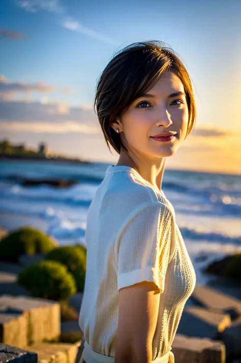 (realistic, 超realistic:1.4), 16k hdr, high resolution,brown short hair,the best smile、japanese actress,so beautiful(it looks lik...