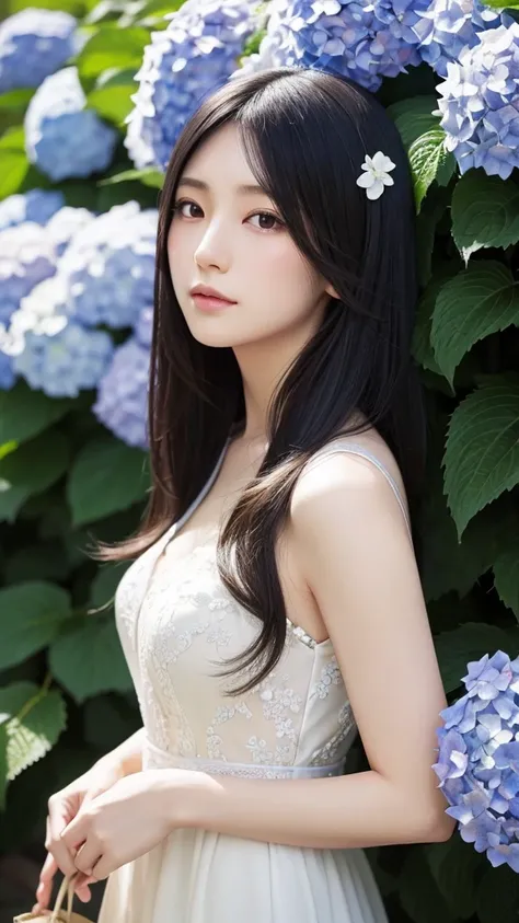 masterpiece, 最high quality, noon, Ogawa, Long black hair, woman, high quality, Beautiful graphics, Attention to detail,Hydrangea