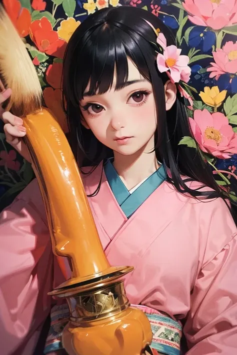 ((Best Quality)), ((masterpiece)), (detailed), Japanese,Young Girl,Front face,Dark Eyes,Black Hair,Hime cut,Holding a long, thick frankfurter in his mouth,Face close-up,Looking at the camera,