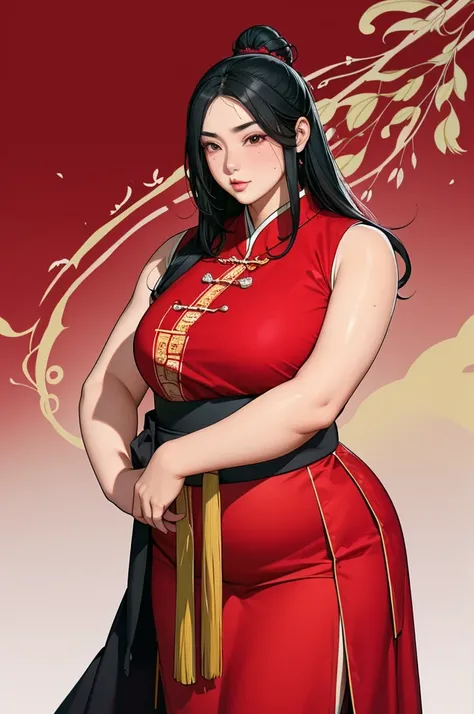 (crimson top,sleeveless:1.3)ancient chinese hanfu,(plump arms),there is a mole on the cheek,black hair,thick hair,unkempt long b...