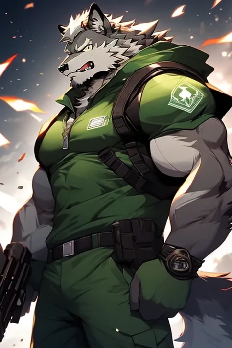 A Focused on the Upper and Right side Body Picture of A Very Muscular Furry style Gray Wolf. he is wearing a green soldier Suit. he is looking at the viewer. his both hand are holding a very large gun. his mouth was open. he is very Shocked and Angry