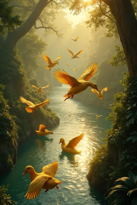 Hundreds of Golden mythical duck swim and fly along a big jungle river