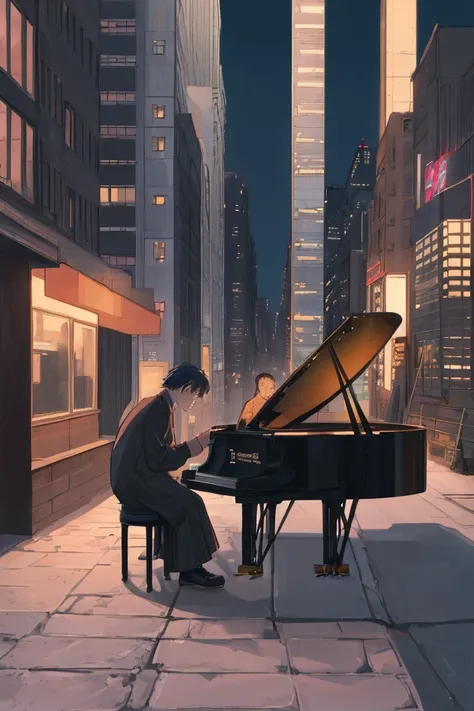 It has a stone border large enough to sit on.、Just some guys playing jazz on the edge of an empty roof（piano、guitar、drum), New York night buildings、In comic style front view、anime、LOFI