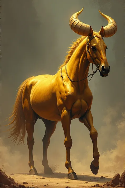 An ancient war horse with a strong head, which is a handle-like bone in their forehead, which is considered a horn, an elongated and large body with golden skin, a large and muscular stature, legs that shake the ground.