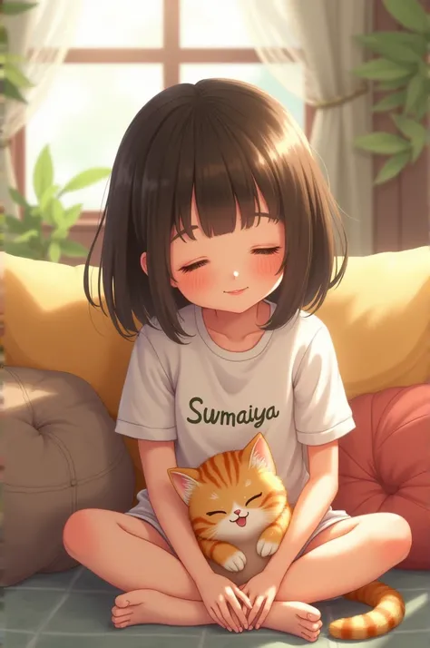 A girl wearing a white t-shirt sits down, a very cute cat on her lap, the girl and the cat are smiling at each other. Sumaiya is written on the front of the girls t-shirt.