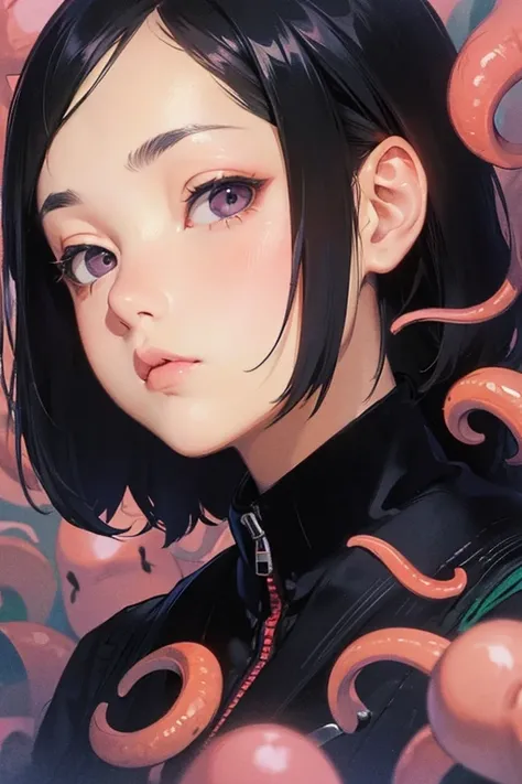 ((Best Quality)), ((masterpiece)), (detailed), Japanese,Young Girl,Front face,Dark Eyes,Black Hair,Hime cut,Long tentacles entering the mouth,Bust Shot,Looking at the camera,