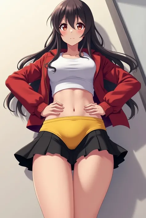 Asian girl long hair in black miniskirt ,red jacket and white top anime version that shows her yellow underwear with the vagina marked on the underwear , with a bottom-up perspective 
