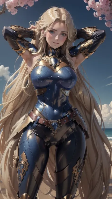 (8k, raw photo, Best Quality, maestro:1.2), ultra detailed, 1 girl, Beautiful, Alone, Gorgeous detailed blue sky with fluffy clouds, (blush), (whole body: 1.1), (smile: 1.1), (shut up), big breasts, Beautiful and delicate blue eyes, (Tight blue armor with ...