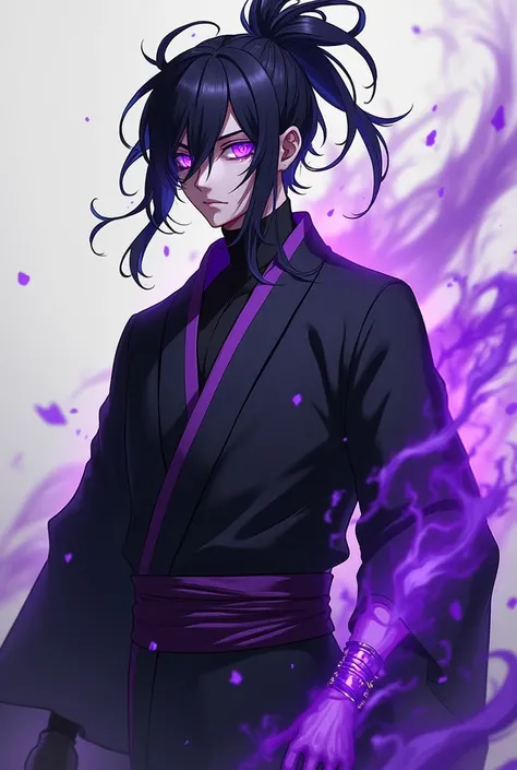 A man with long messy black hair tied up, with purple eyes that look like they are made of mystical realistic energy, without the arm, with purple aura of mystical energy, with a black bandit mask on his face and a black kimono with purple details, black g...