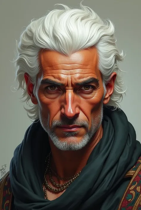 Create a face of a man with skin the color of jasper and sardonyx stone with white hair and features of Middle Eastern ethnicity 